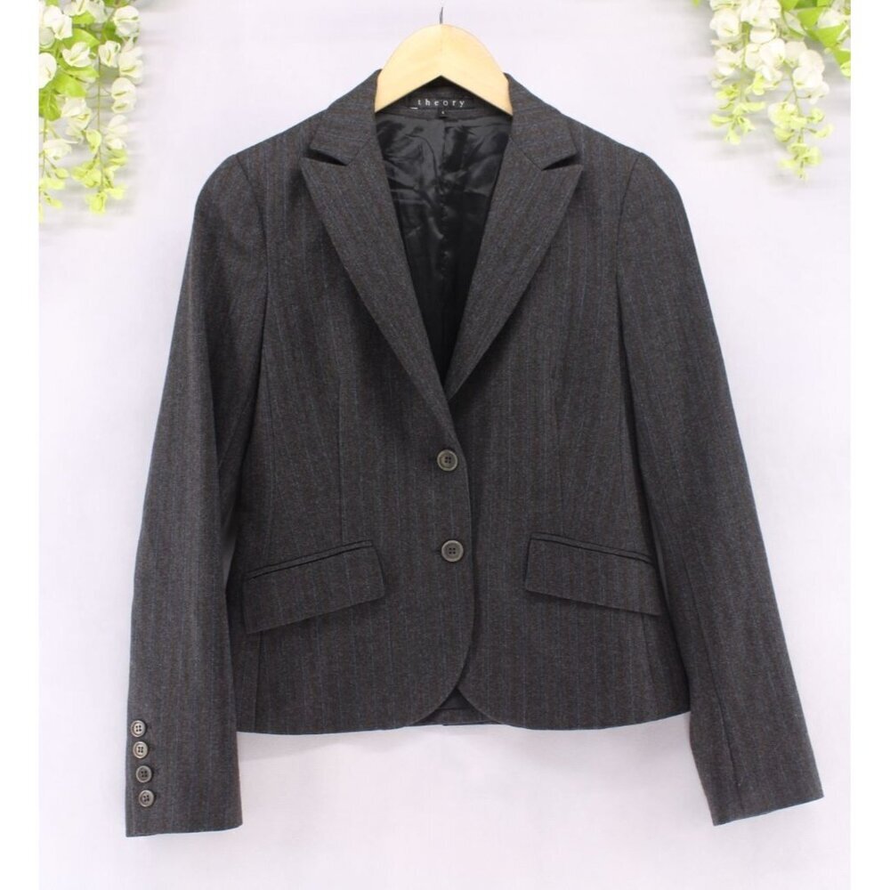 Theory Women's Classic Gray Wool Stripe Blazer Jacket Sz 4